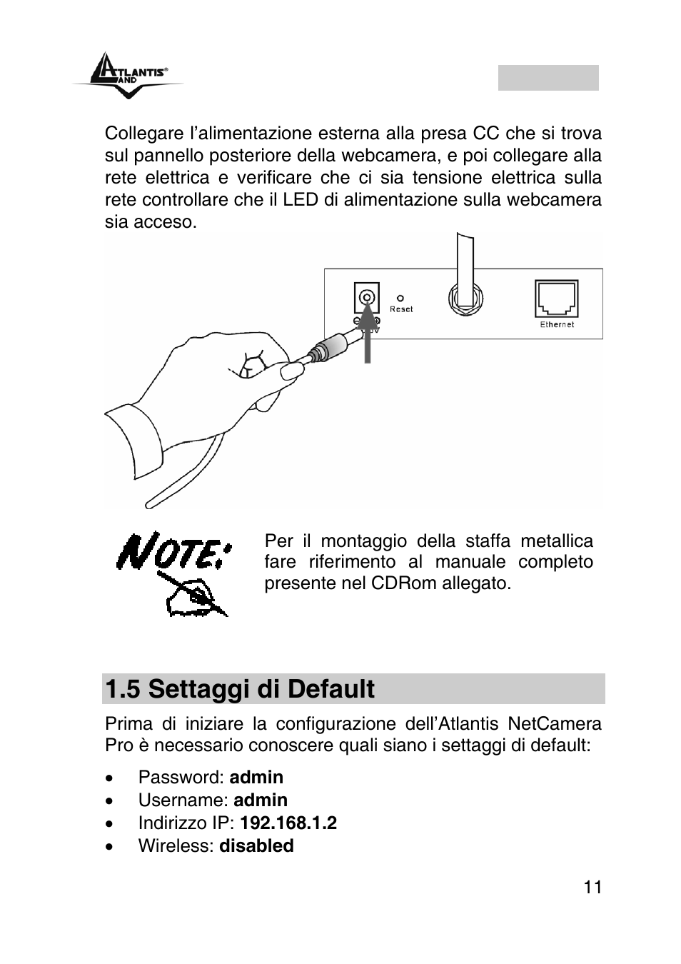 5 settaggi di default, Italiano | Atlantis Land A02-IPCAM2-W54 User Manual | Page 11 / 35