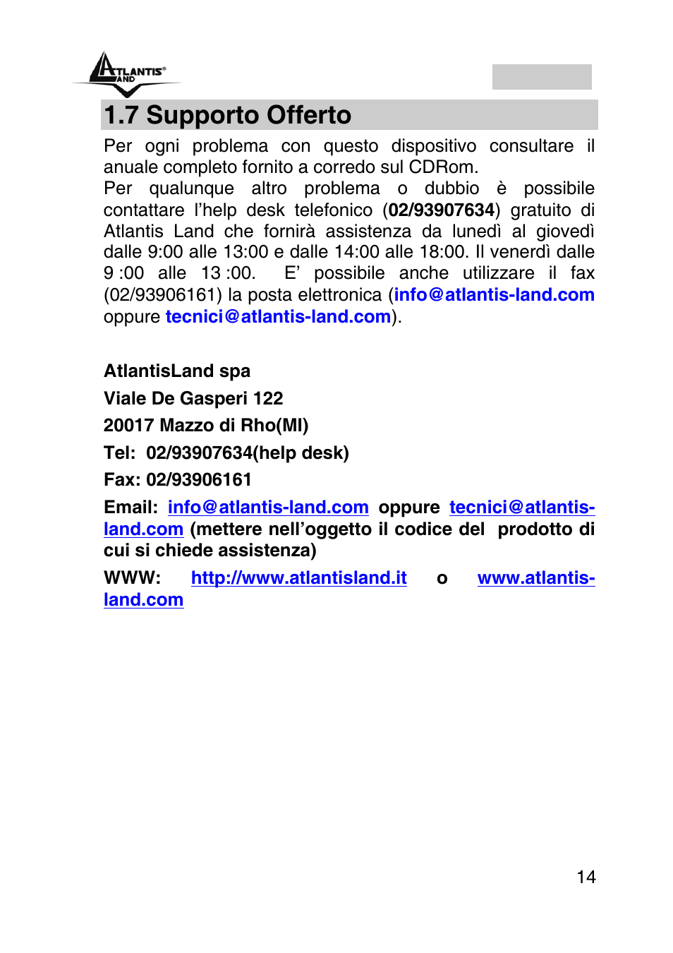 7 supporto offerto, Italiano | Atlantis Land A02-IPCAM2-W54 User Manual | Page 14 / 35
