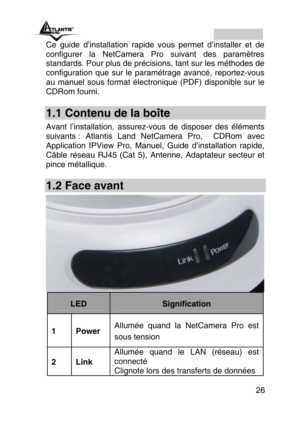 Francais, 1 contenu de la boîte, 2 face avant | Atlantis Land A02-IPCAM2-W54 User Manual | Page 26 / 35