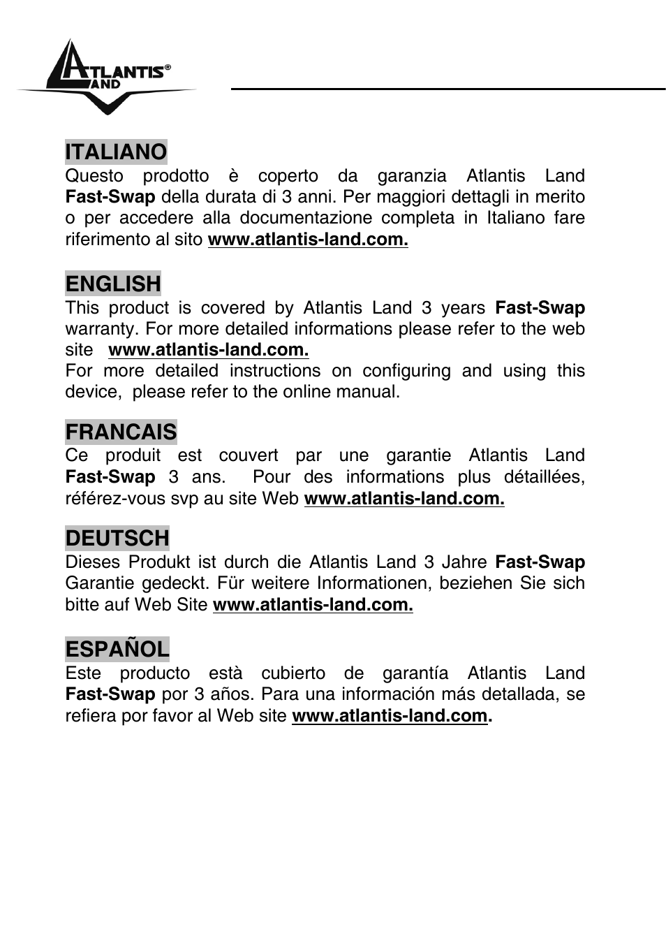 Italiano, English, Francais | Deutsch, Español | Atlantis Land A02-IPCAM2-W54 User Manual | Page 3 / 35