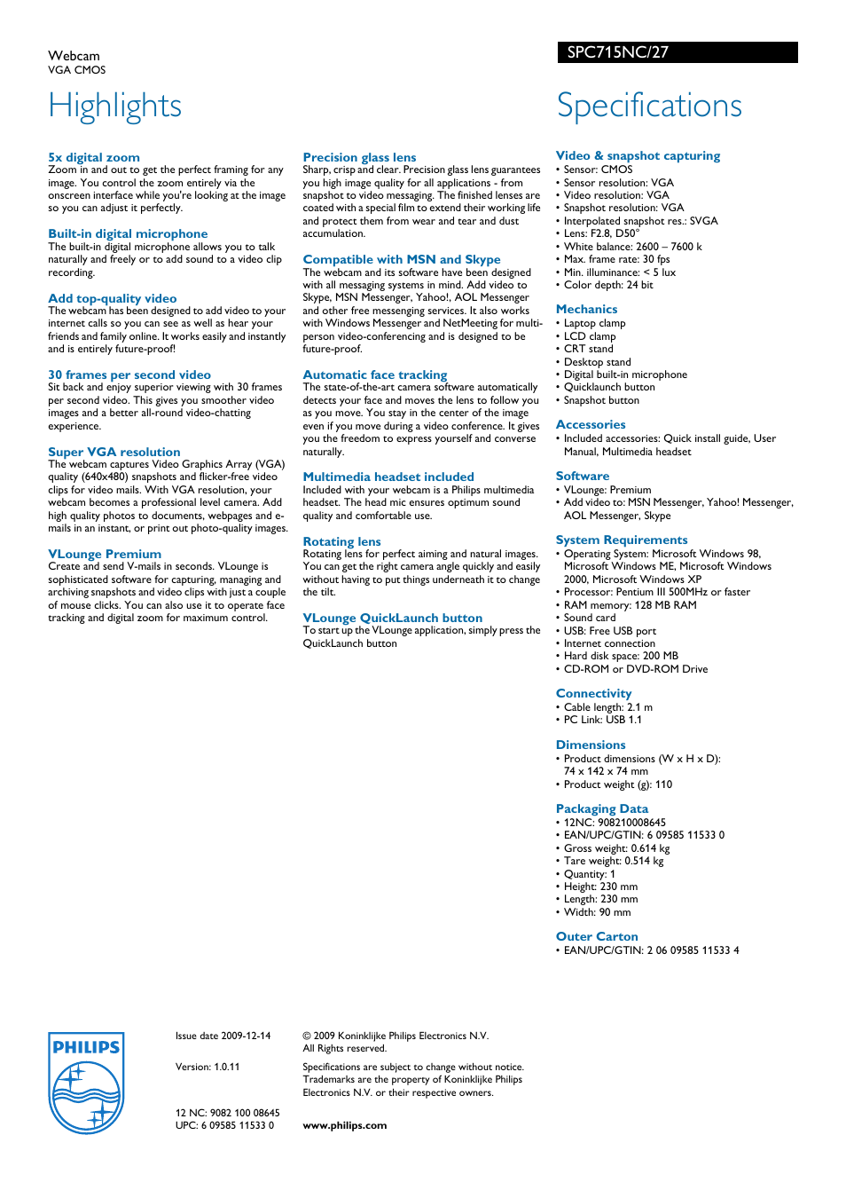 Highlights, Specifications | Philips SPC715NC-27 User Manual | Page 2 / 2