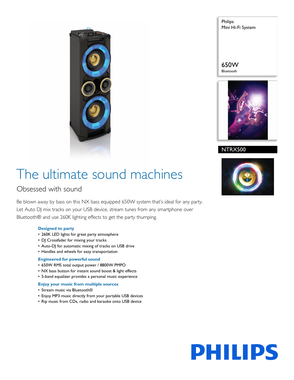 Philips Mini Hi-Fi System NTRX500 650W Bluetooth User Manual | 3 pages