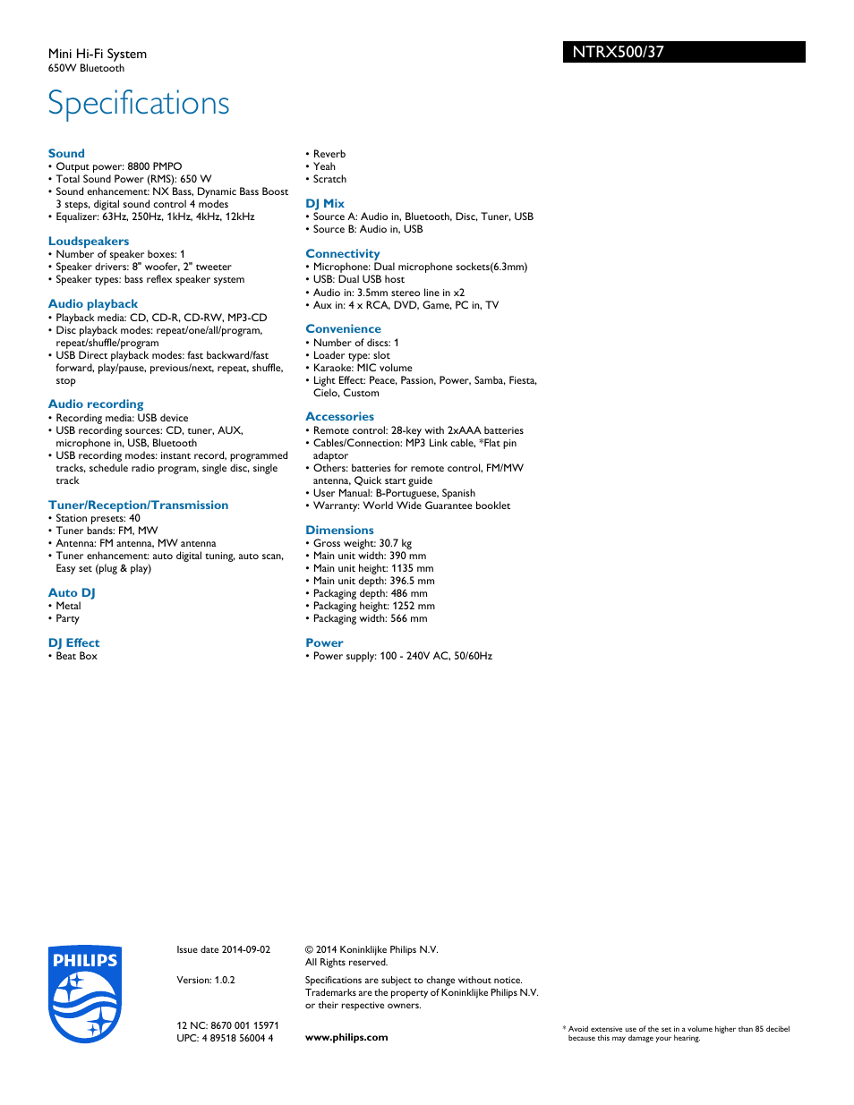 Specifications | Philips Mini Hi-Fi System NTRX500 650W Bluetooth User Manual | Page 3 / 3