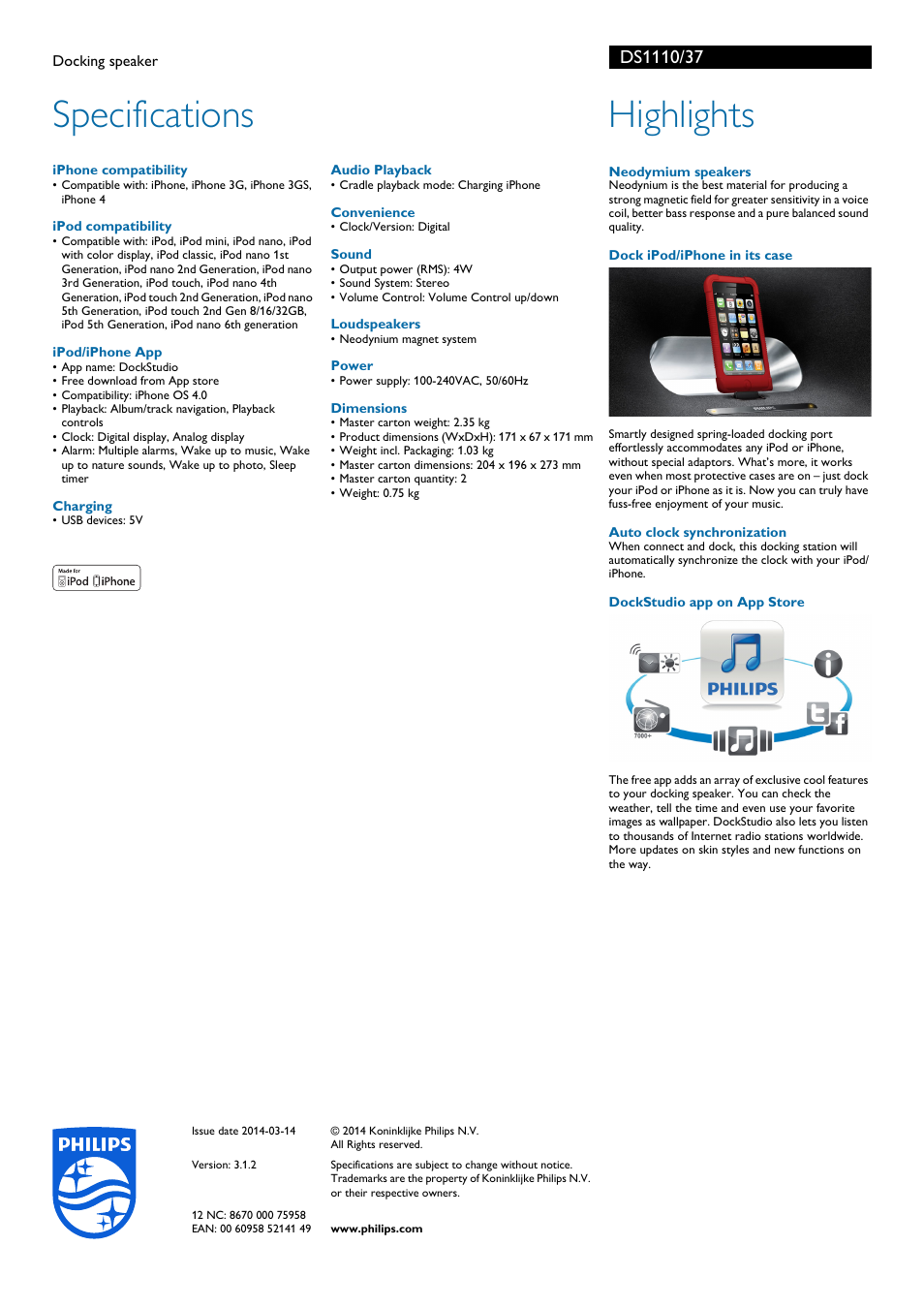 Specifications, Highlights | Philips DS1110-37 User Manual | Page 2 / 2