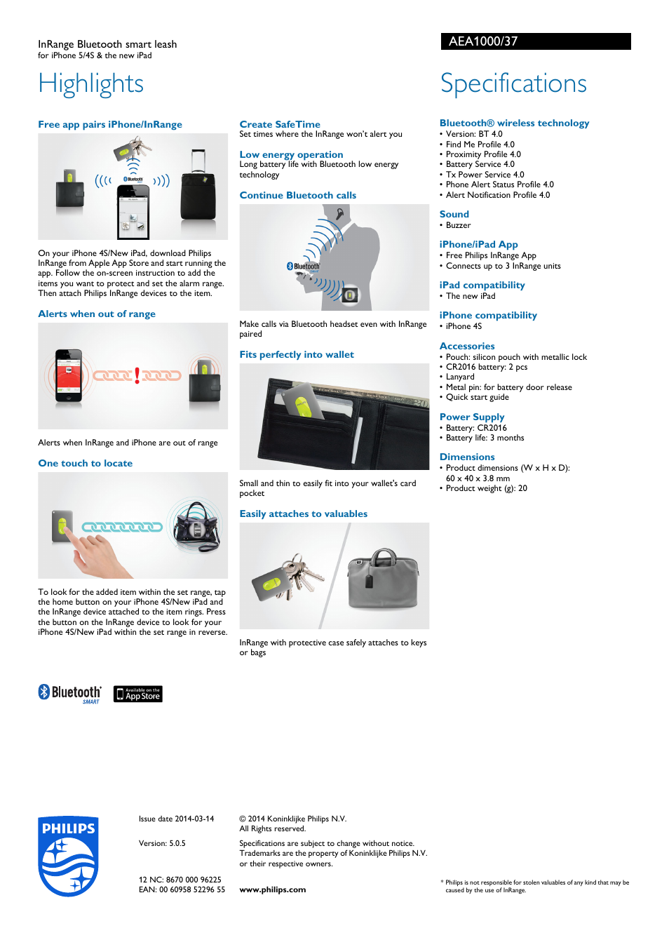 Highlights, Specifications | Philips InRange Bluetooth smart leash AEA1000 for iPhone 5-4S & the new iPad User Manual | Page 2 / 2