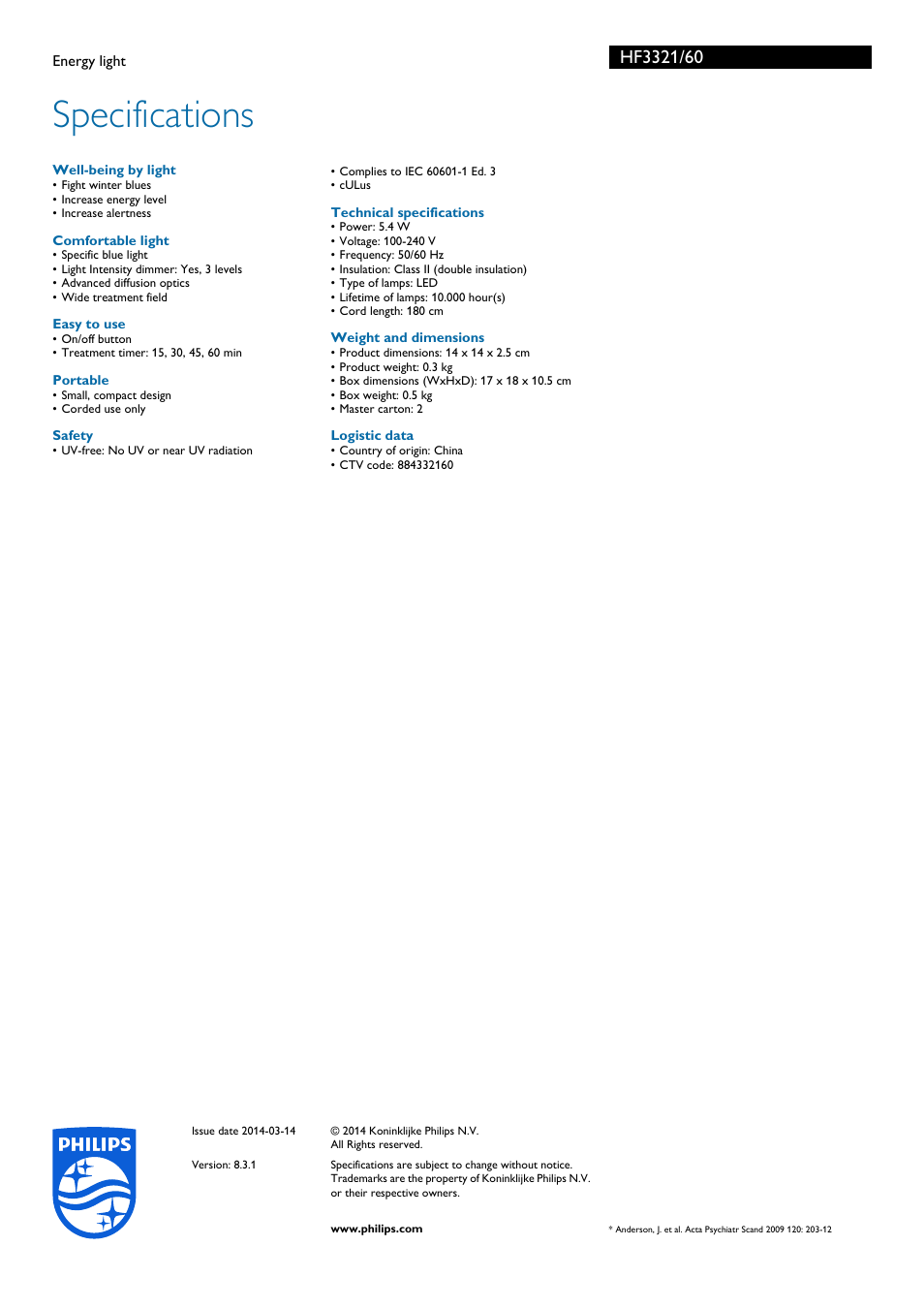 Specifications | Philips HF3321-60 User Manual | Page 3 / 3