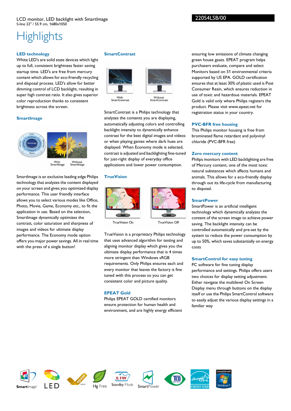 Highlights | Philips 220S4LSB-00 User Manual | Page 2 / 3