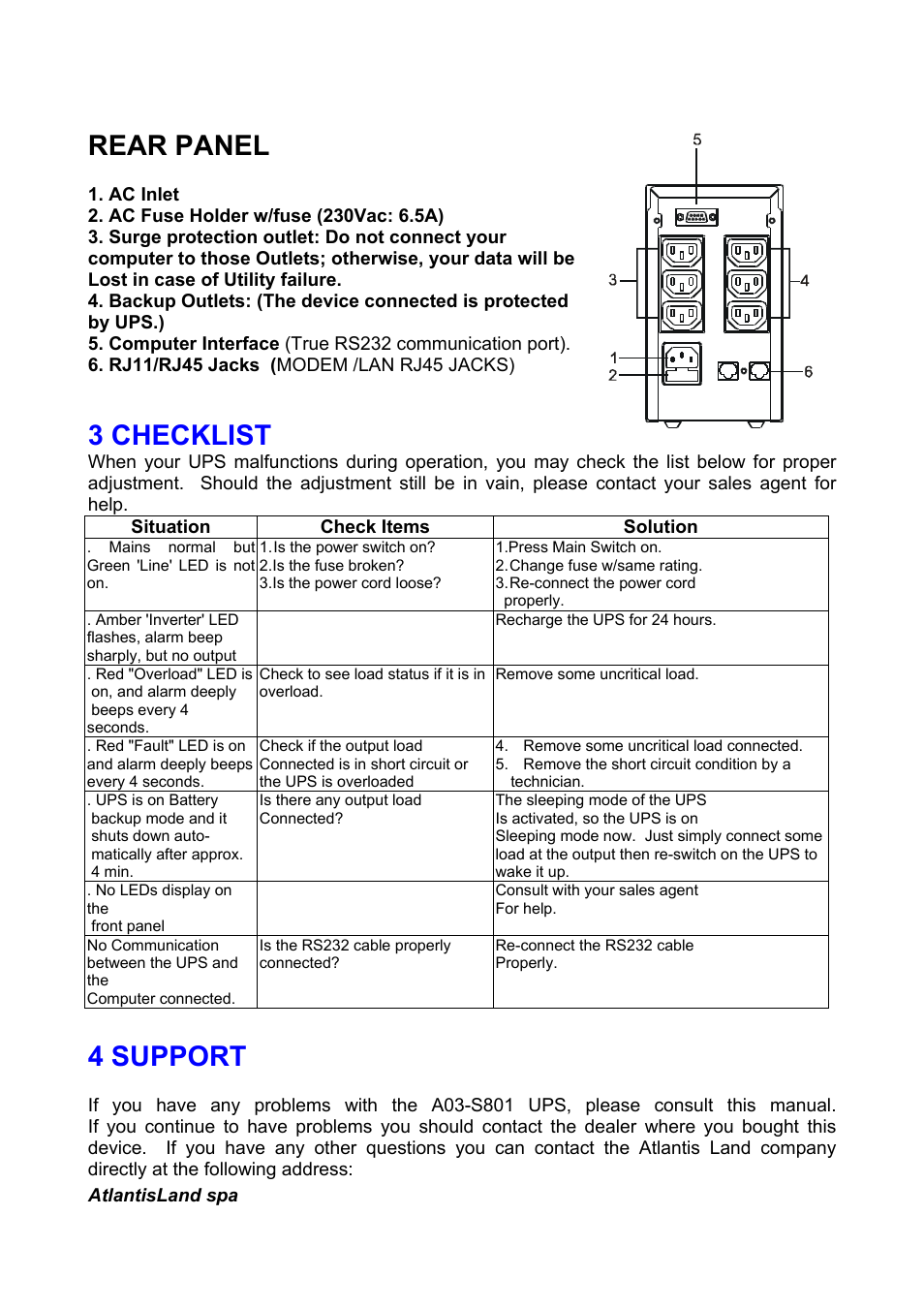 Rear panel, 3 checklist, 4 support | Atlantis Land A03-S801 User Manual | Page 12 / 17