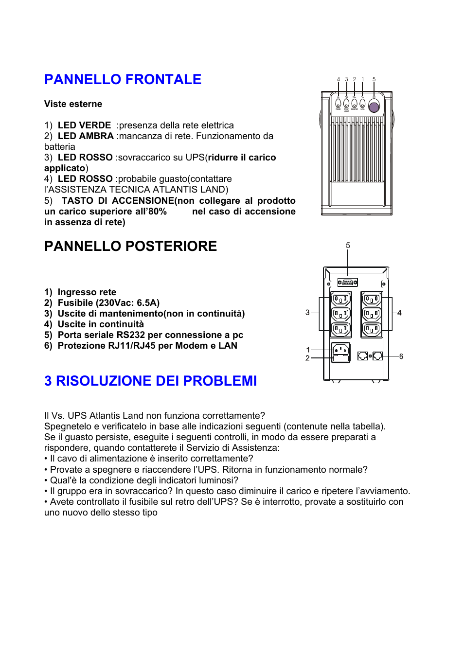 Pannello frontale, Pannello posteriore, 3 risoluzione dei problemi | Atlantis Land A03-S801 User Manual | Page 4 / 17