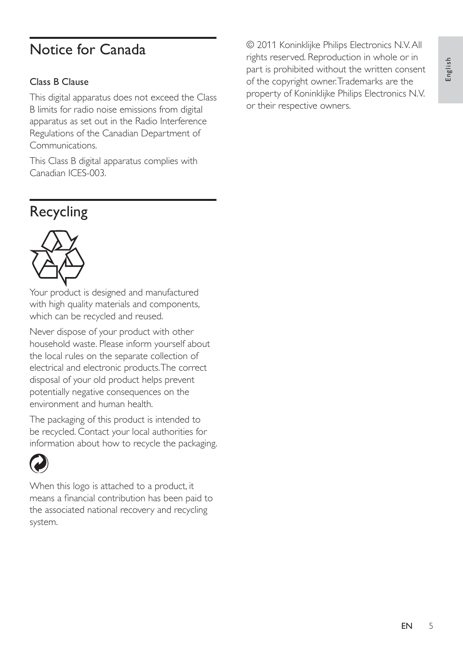 Notice for canada, Recycling | Philips SDV5222T-27 User Manual | Page 5 / 11