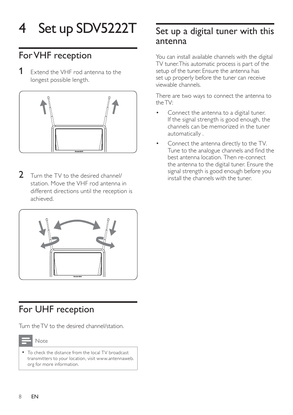 4 set up sdv5122t, For vhf reception, For uhf reception | Set up a digital tuner with this antenna, 4 set up sdv5222t | Philips SDV5222T-27 User Manual | Page 8 / 11