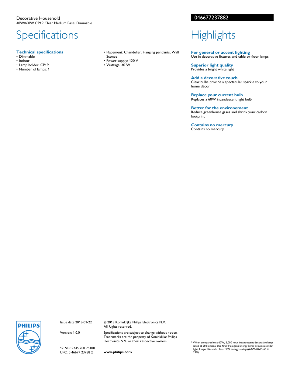 Specifications, Highlights | Philips 046677237882 User Manual | Page 2 / 2