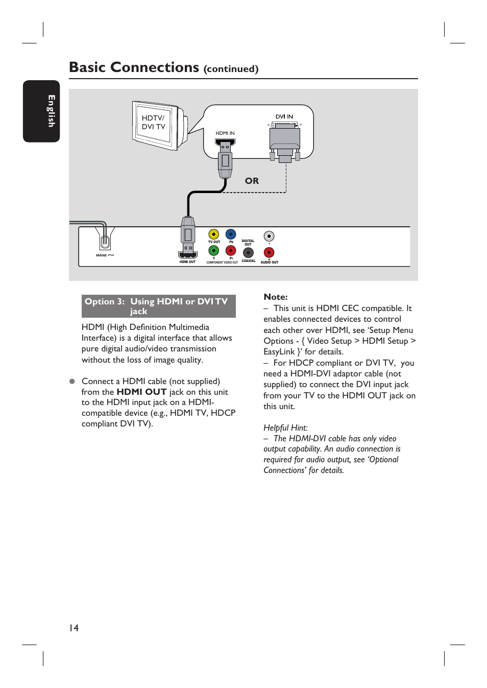 Basic connections, Continued), Eng li sh | Philips DVP3980-37 User Manual | Page 14 / 51