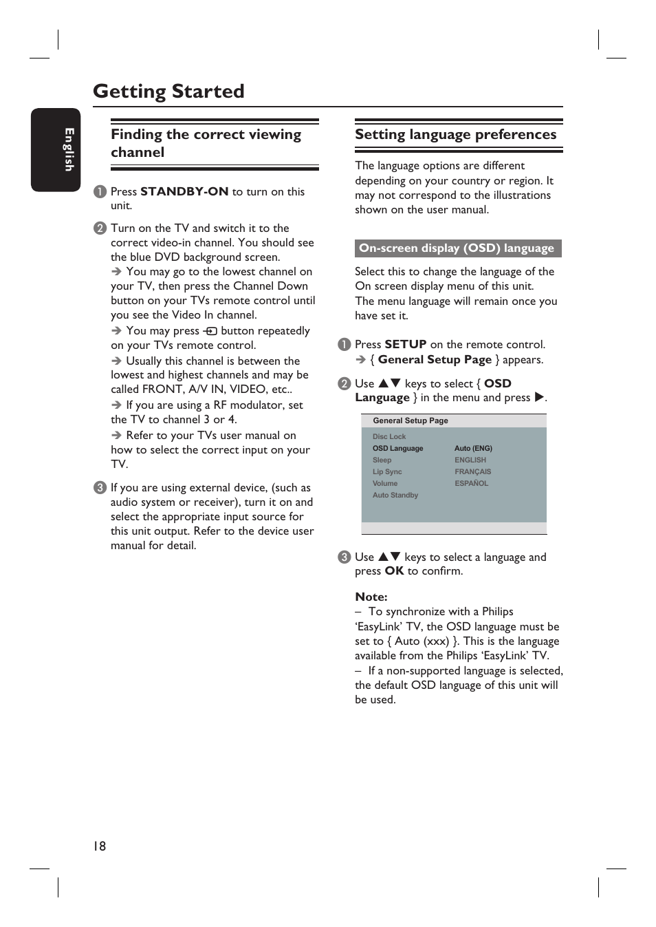 Getting started, Finding the correct viewing channel, Setting language preferences | Philips DVP3980-37 User Manual | Page 18 / 51