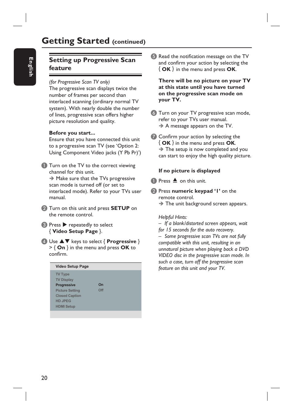 Getting started, Setting up progressive scan feature | Philips DVP3980-37 User Manual | Page 20 / 51