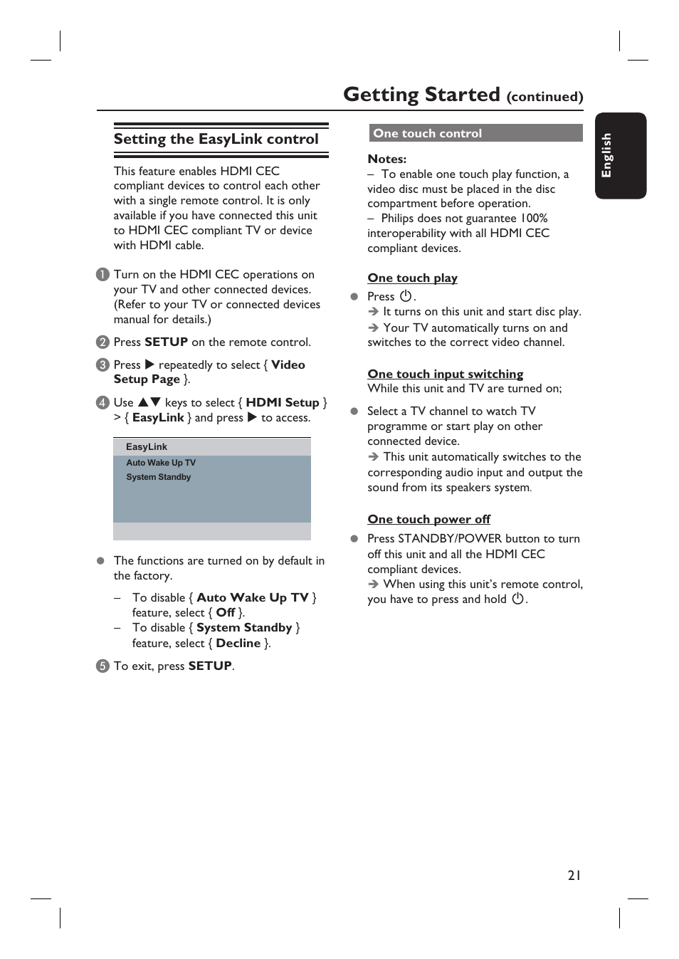 Getting started, Setting the easylink control | Philips DVP3980-37 User Manual | Page 21 / 51