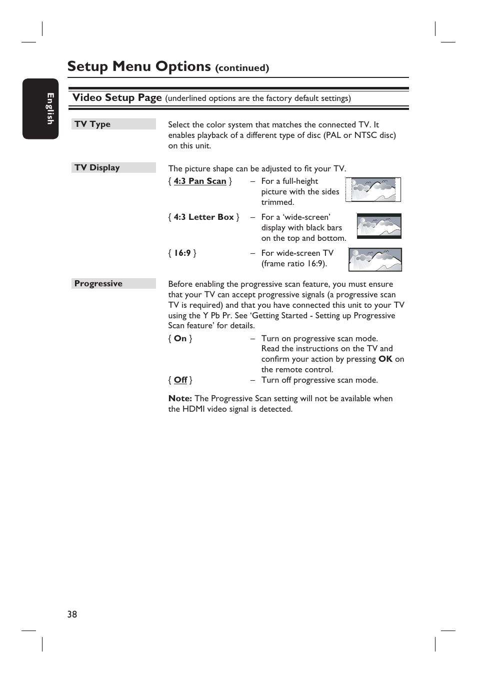 Setup menu options | Philips DVP3980-37 User Manual | Page 38 / 51