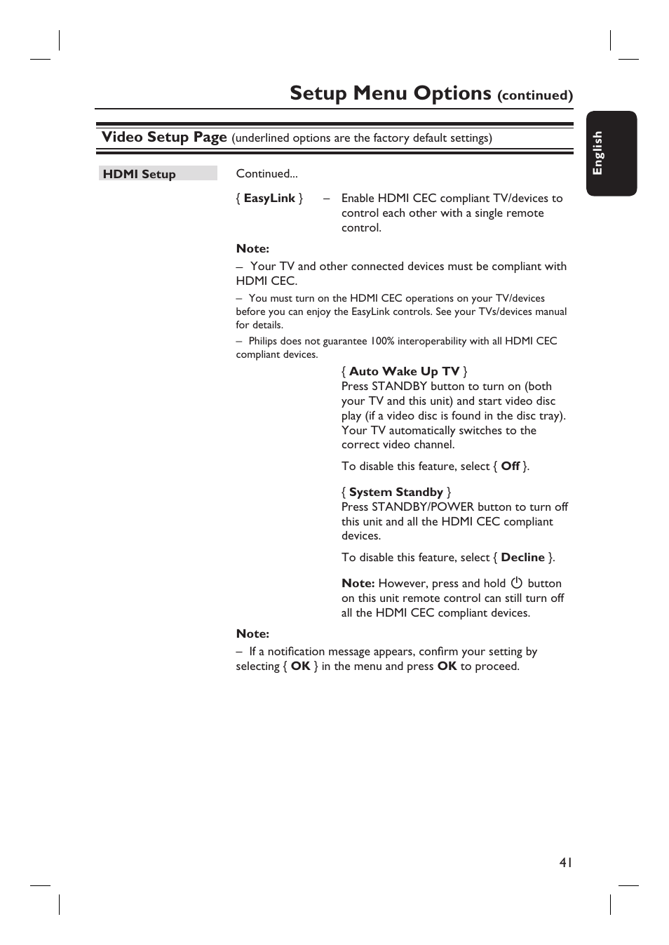 Setup menu options, Video setup page | Philips DVP3980-37 User Manual | Page 41 / 51