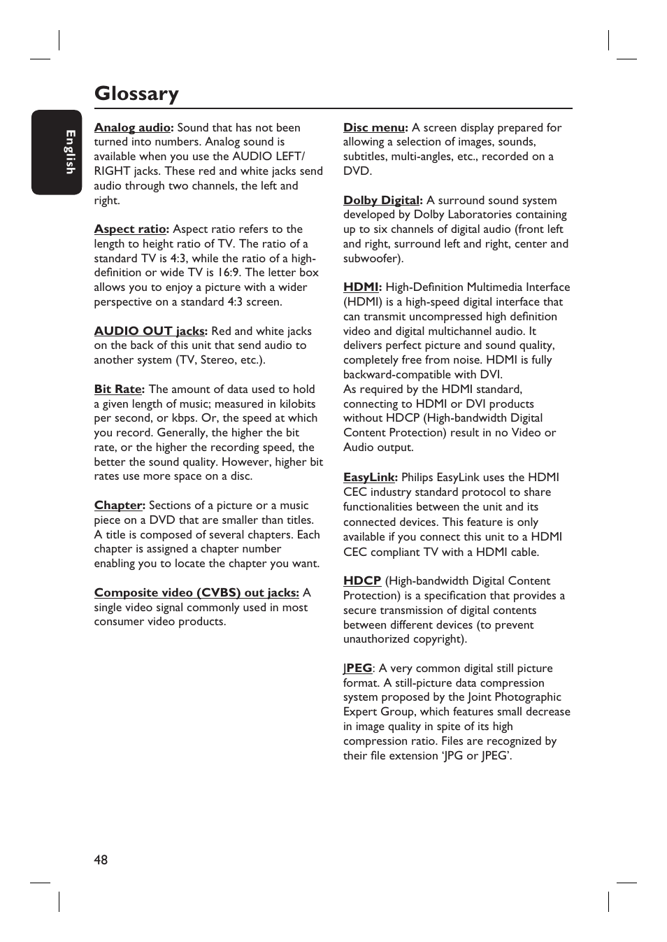 Glossary | Philips DVP3980-37 User Manual | Page 48 / 51