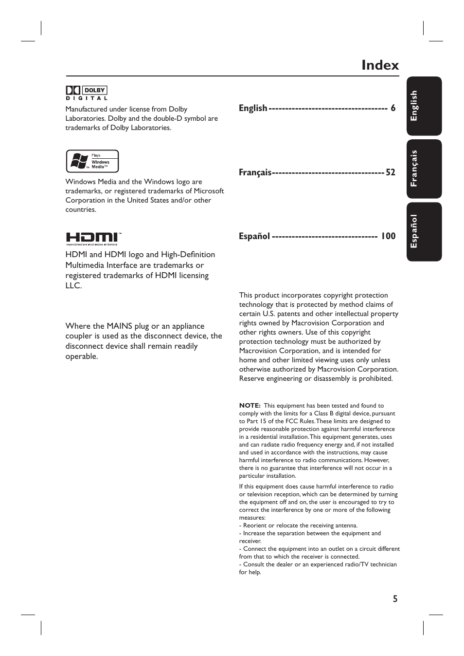 Index | Philips DVP3980-37 User Manual | Page 5 / 51