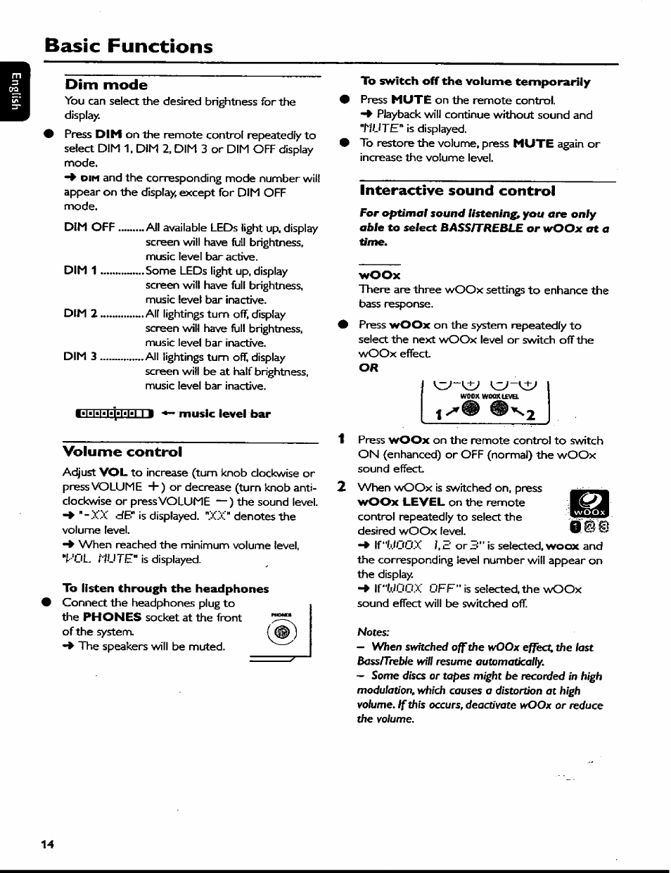 Dim mode, Music level bar, Volume control | Lb listen through the headphones, To switch off the volume temporarily, Interactive sound control, Woox, Interactive sound control —15, Ic functions | Philips MC77 User Manual | Page 14 / 30