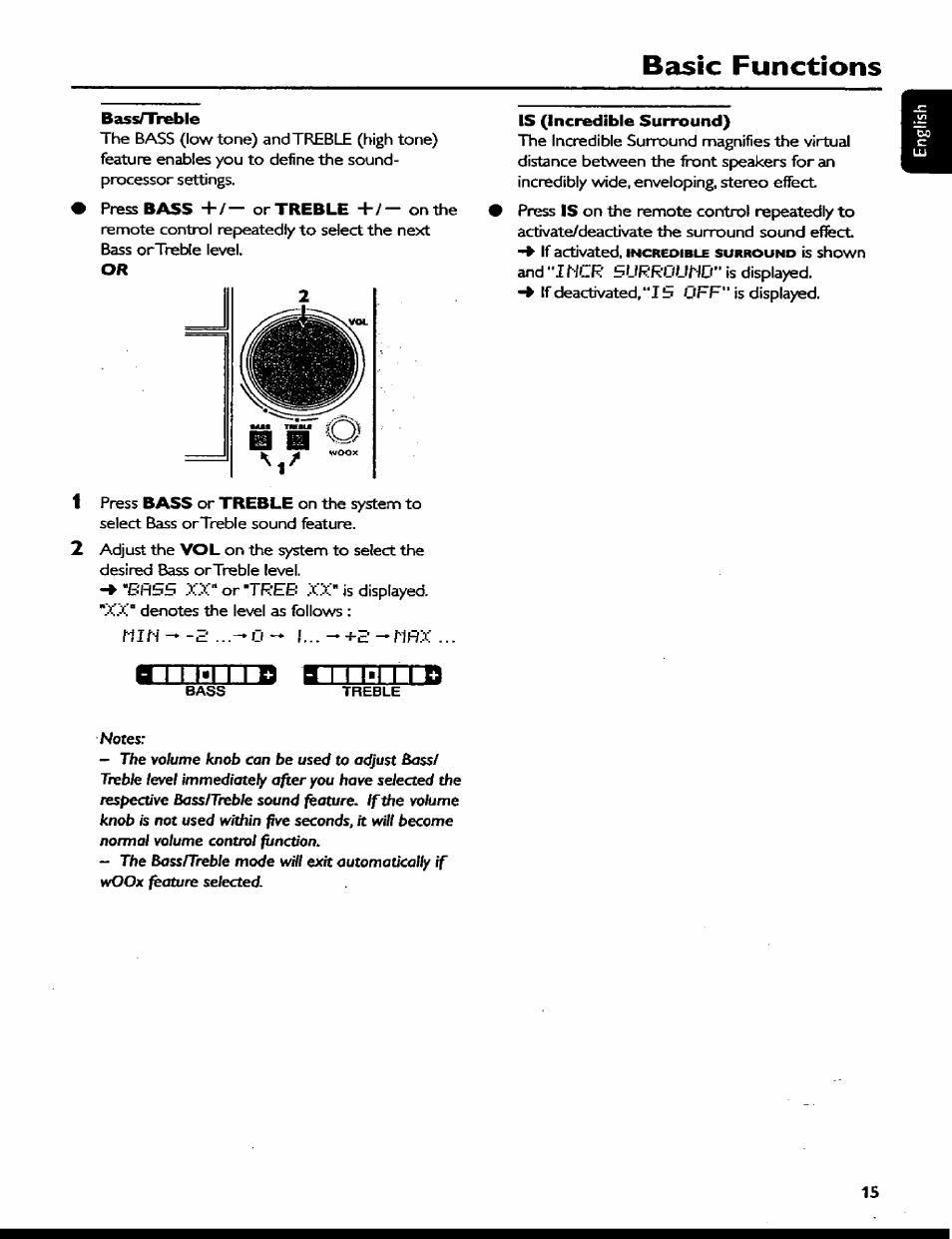 Bass/treble, Is (incredible surround), Le functions | Philips MC77 User Manual | Page 15 / 30