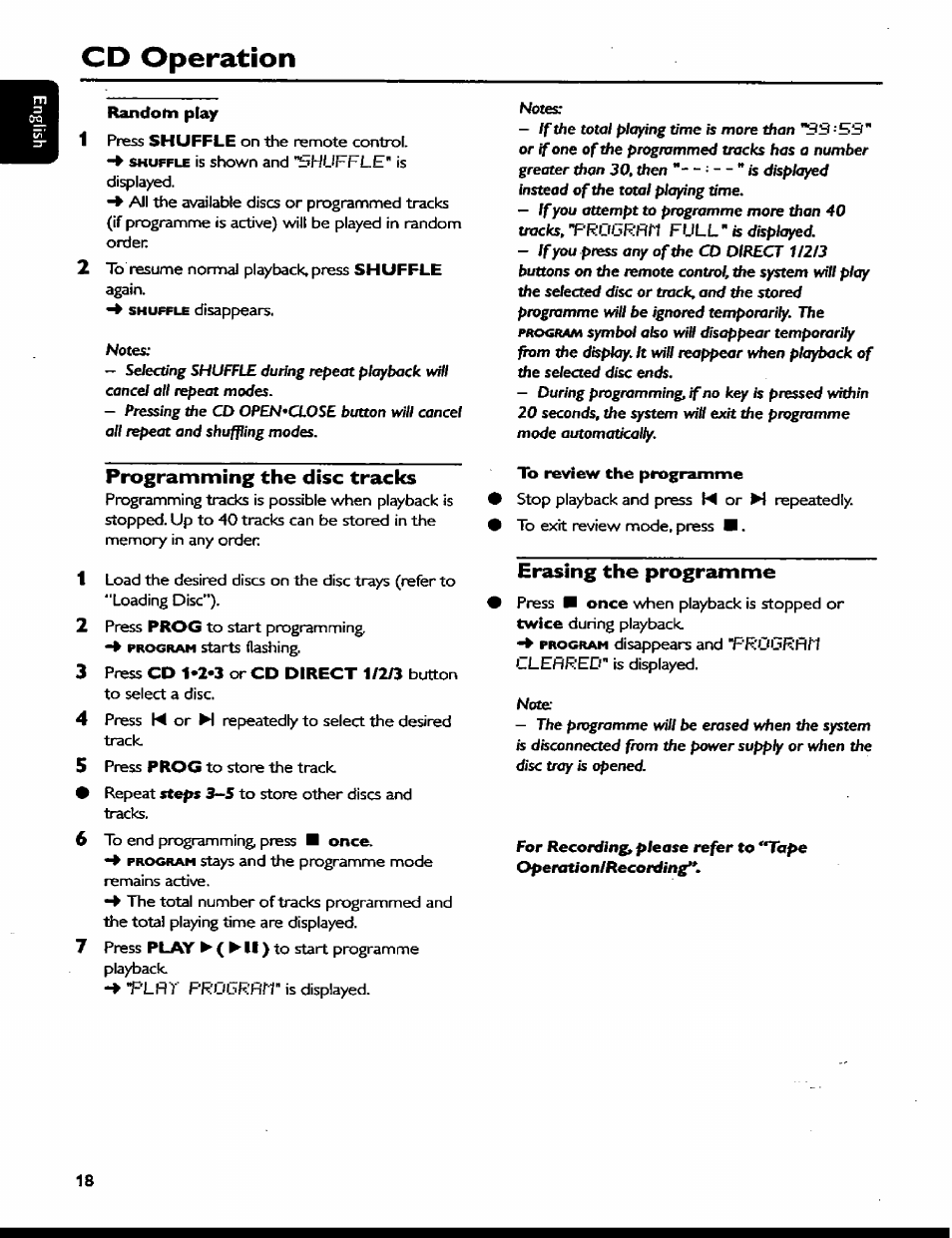 Programming the disc tracks, To review che programme, Erasing the programme | Cd operation | Philips MC77 User Manual | Page 18 / 30