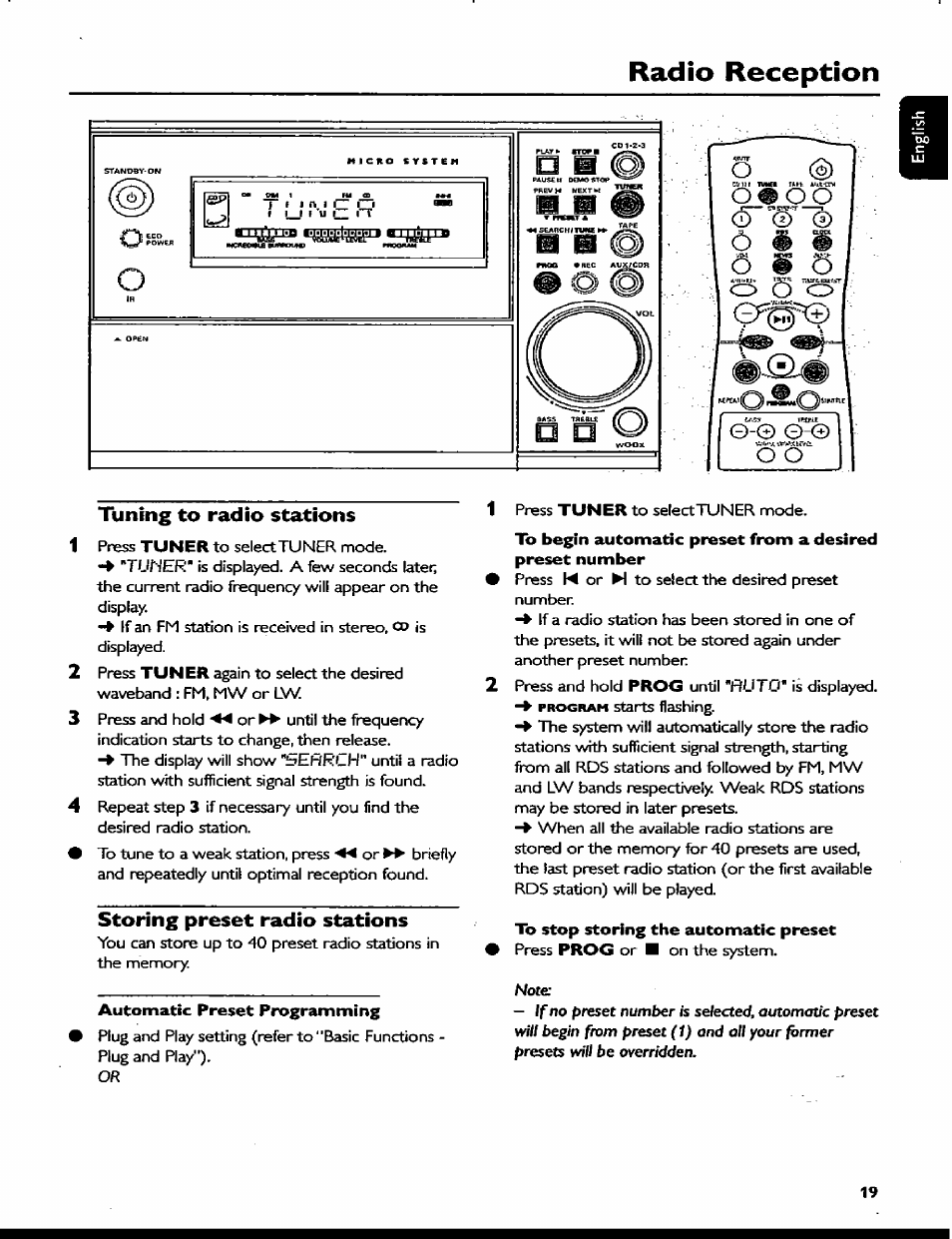 Tuning to radio stations, Storing preset radio stations, Automatic preset programming | To stop storing the automatic preset, Radio reception | Philips MC77 User Manual | Page 19 / 30