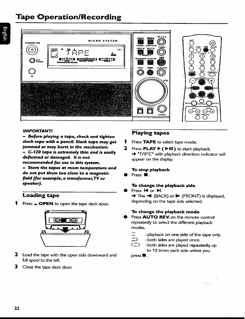 Loading tape, Playing tapes, To stop playback | To change the playback side, Lb change the playback mode, Loading tape playing tapes, O o m o, O 6 o, Tape operation/recording, O(3) | Philips MC77 User Manual | Page 22 / 30