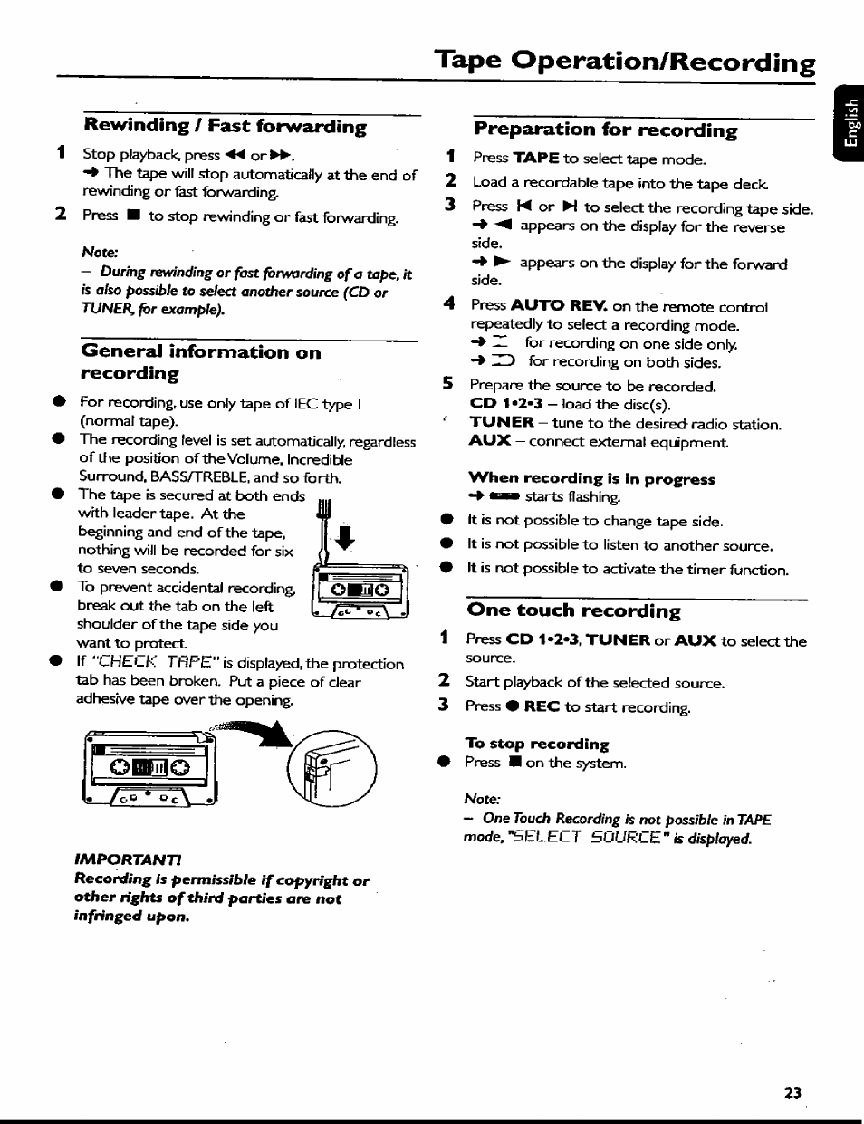 Rewinding / fast forwarding, General information on recording, Preparation for recording | When recording is in progress, One touch recording, To stop recording, Tape operation/recordìng | Philips MC77 User Manual | Page 23 / 30