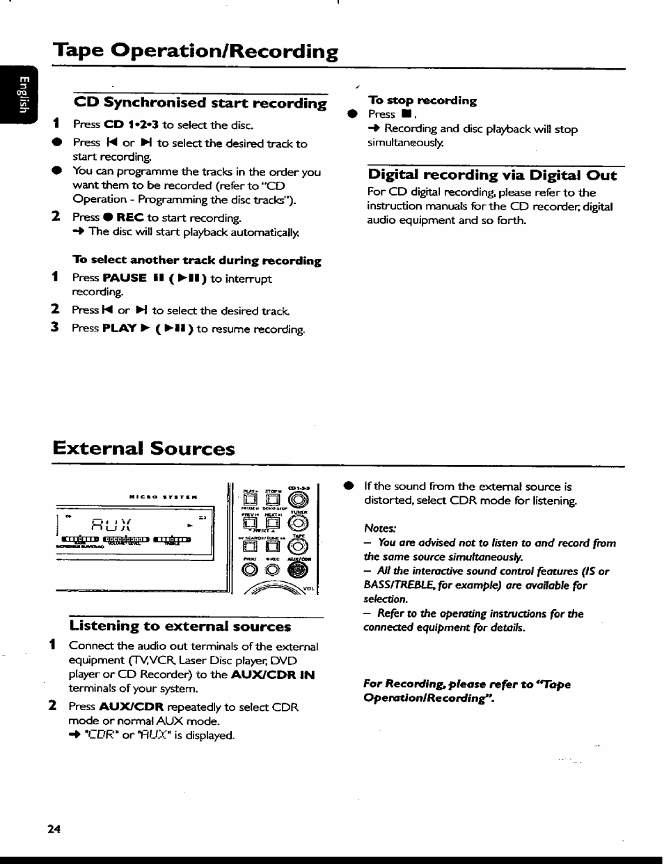 Cd synchronised start recording, Lb select another track during recording, To stop recording | Digital recording via digital out, External sources, Listening to external sources, Tape operatìon/recordìng | Philips MC77 User Manual | Page 24 / 30