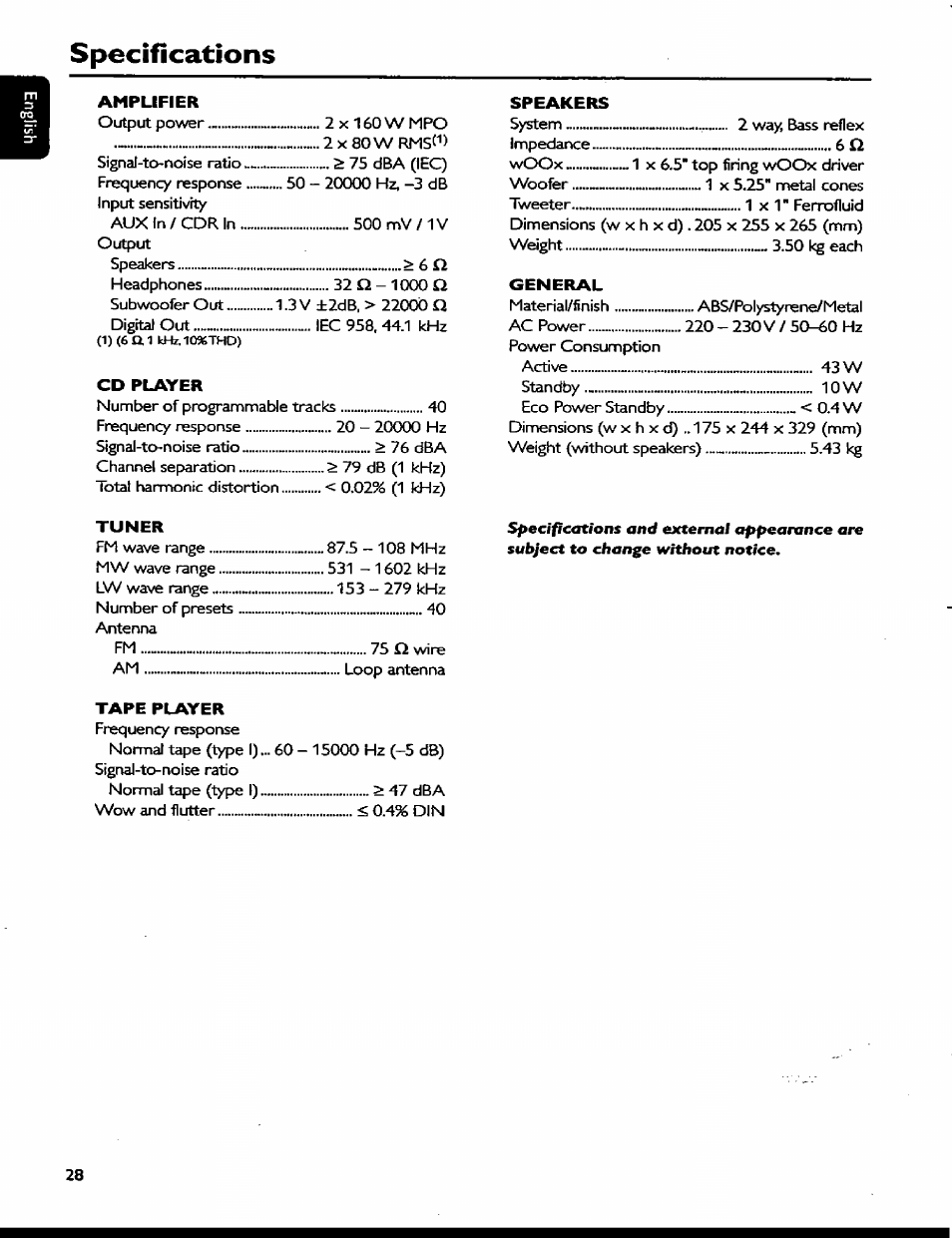 Specifications | Philips MC77 User Manual | Page 28 / 30