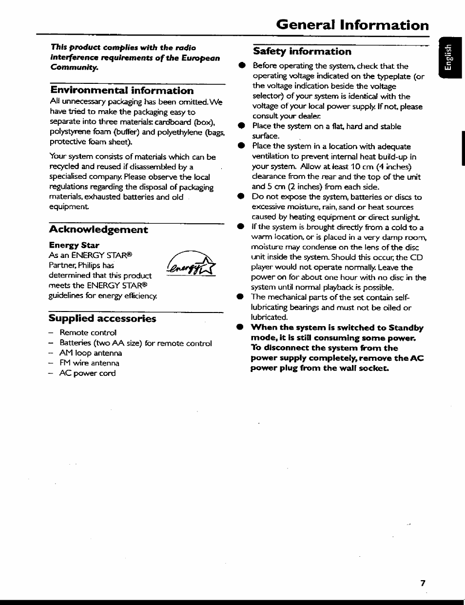 Environmental information, Acknowledgement, Supplied accessories | Safety information, General information | Philips MC77 User Manual | Page 7 / 30