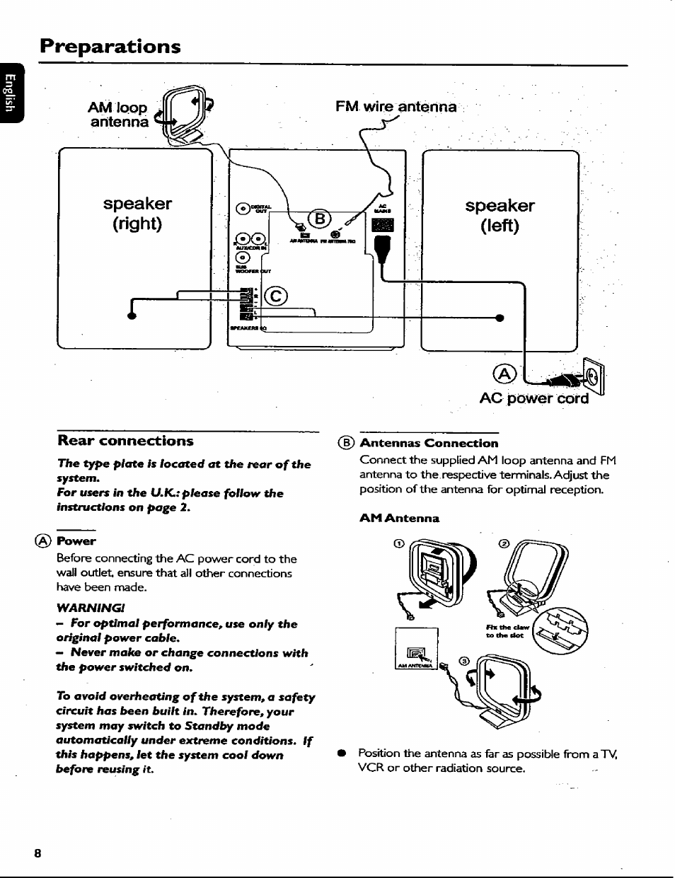 Rear connections, Rear connections —9, Preparations | Philips MC77 User Manual | Page 8 / 30