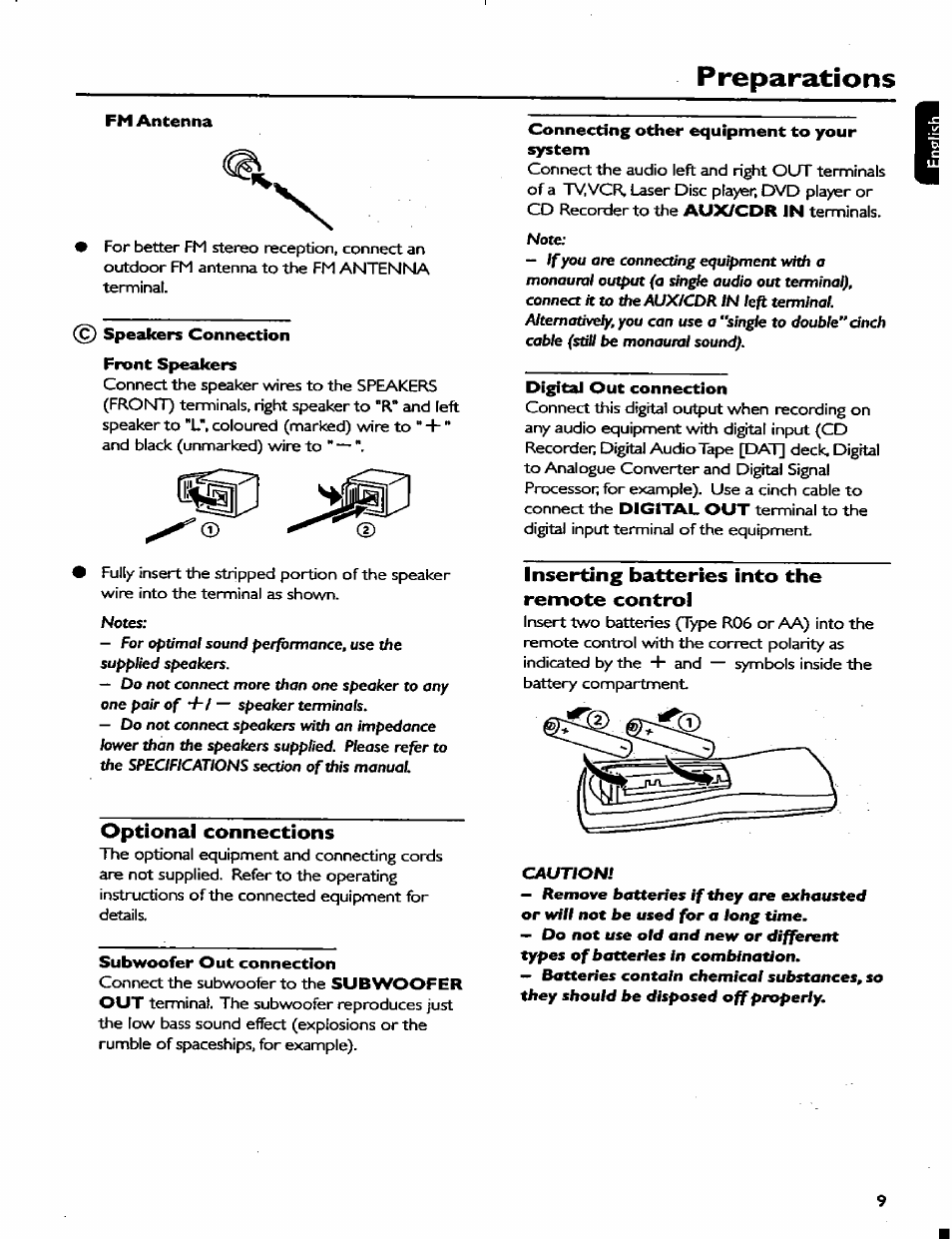 Fm antenna, Speakers connection front speakers, Optional connections | Subwoofer out connection, Connecting other equipnnent to your system, Digital out connection, Inserting batteries into the remote control, Preparations | Philips MC77 User Manual | Page 9 / 30
