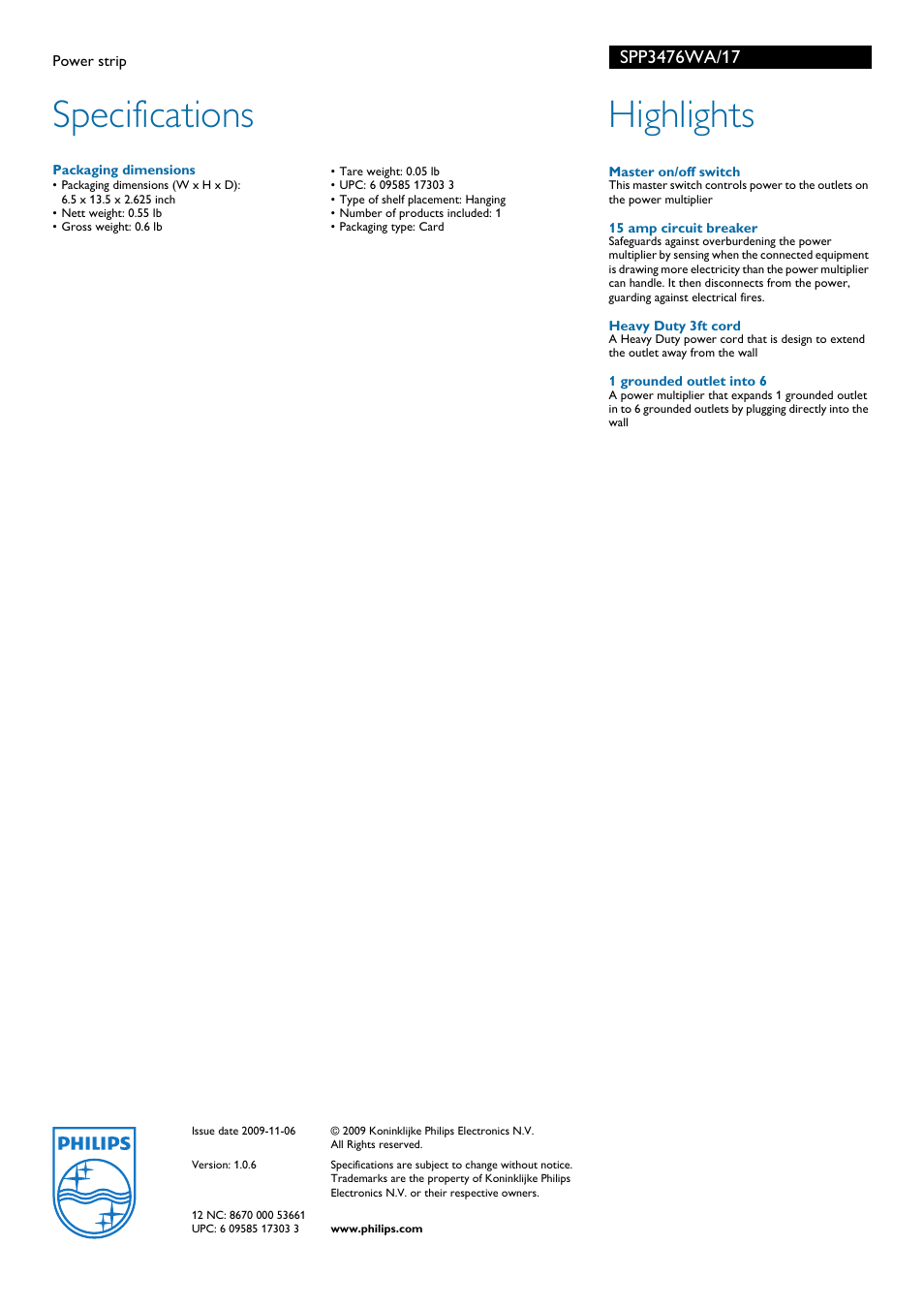 Specifications, Highlights | Philips SPP3476WA-17 User Manual | Page 2 / 2