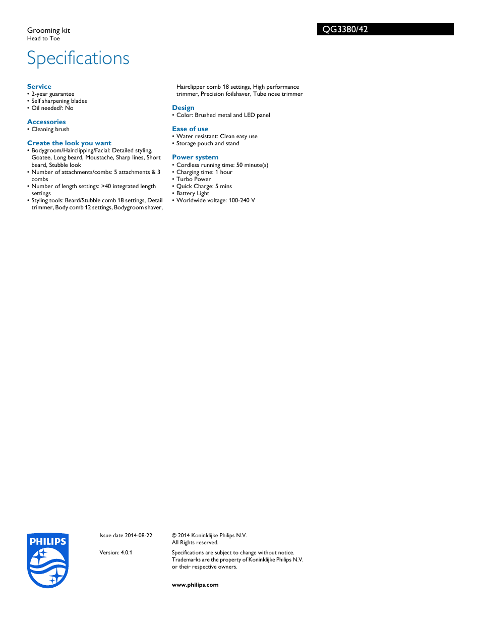 Specifications | Philips QG3380-42 User Manual | Page 3 / 3