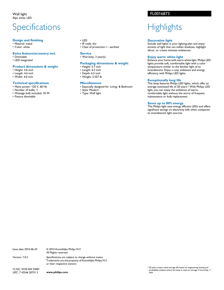 Specifications, Highlights | Philips FL0016873 User Manual | Page 2 / 2