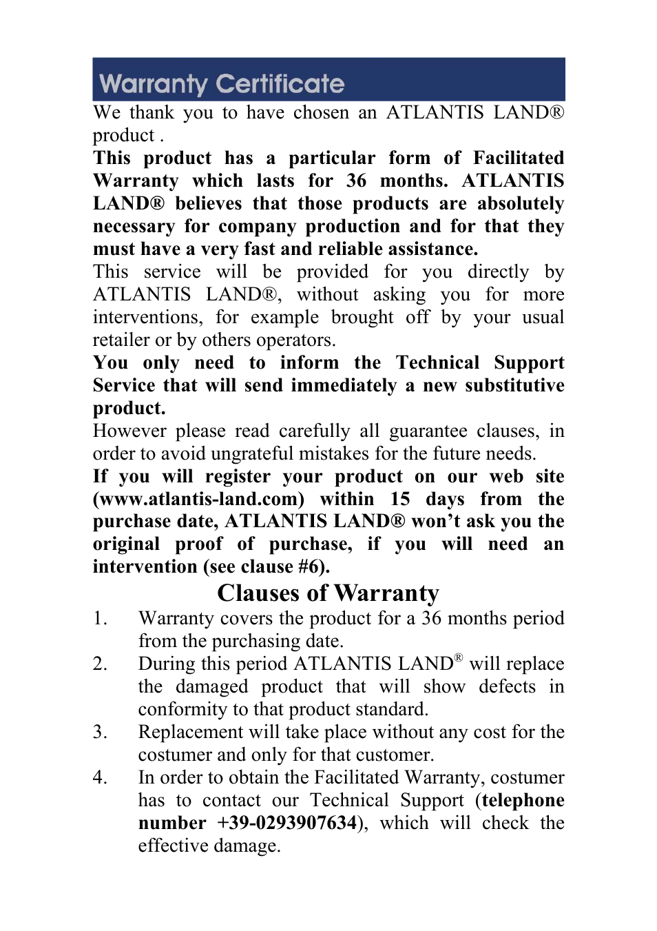 Clauses of warranty | Atlantis A02-F5P User Manual | Page 4 / 10