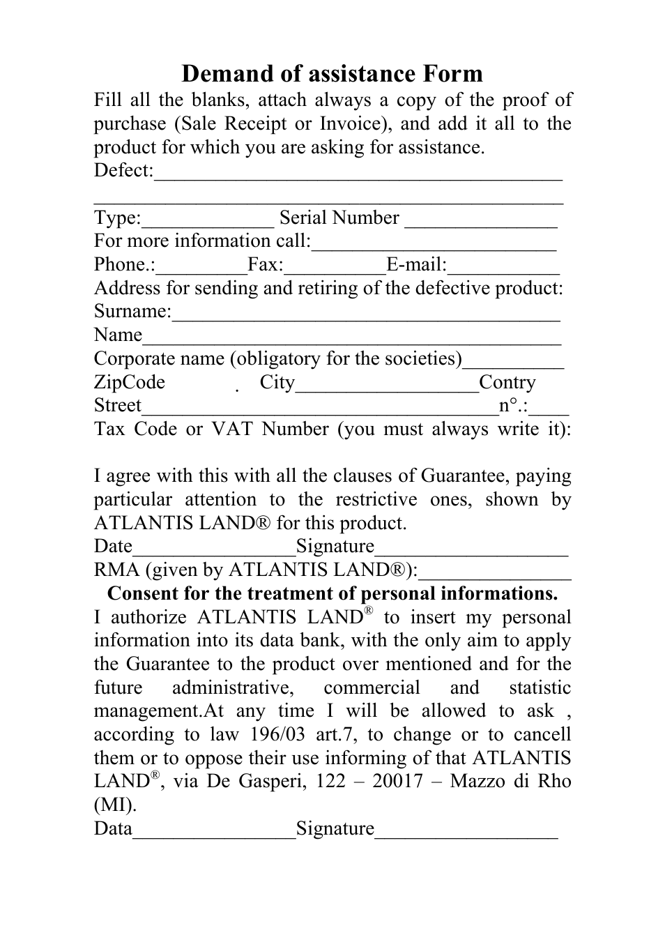 Demand of assistance form | Atlantis A02-F5P User Manual | Page 8 / 10