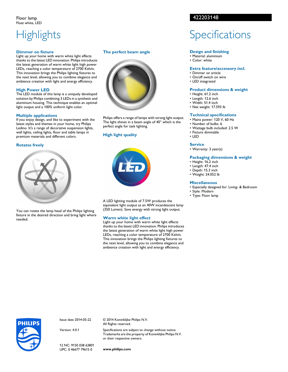 Highlights, Specifications | Philips 422203148 User Manual | Page 2 / 2
