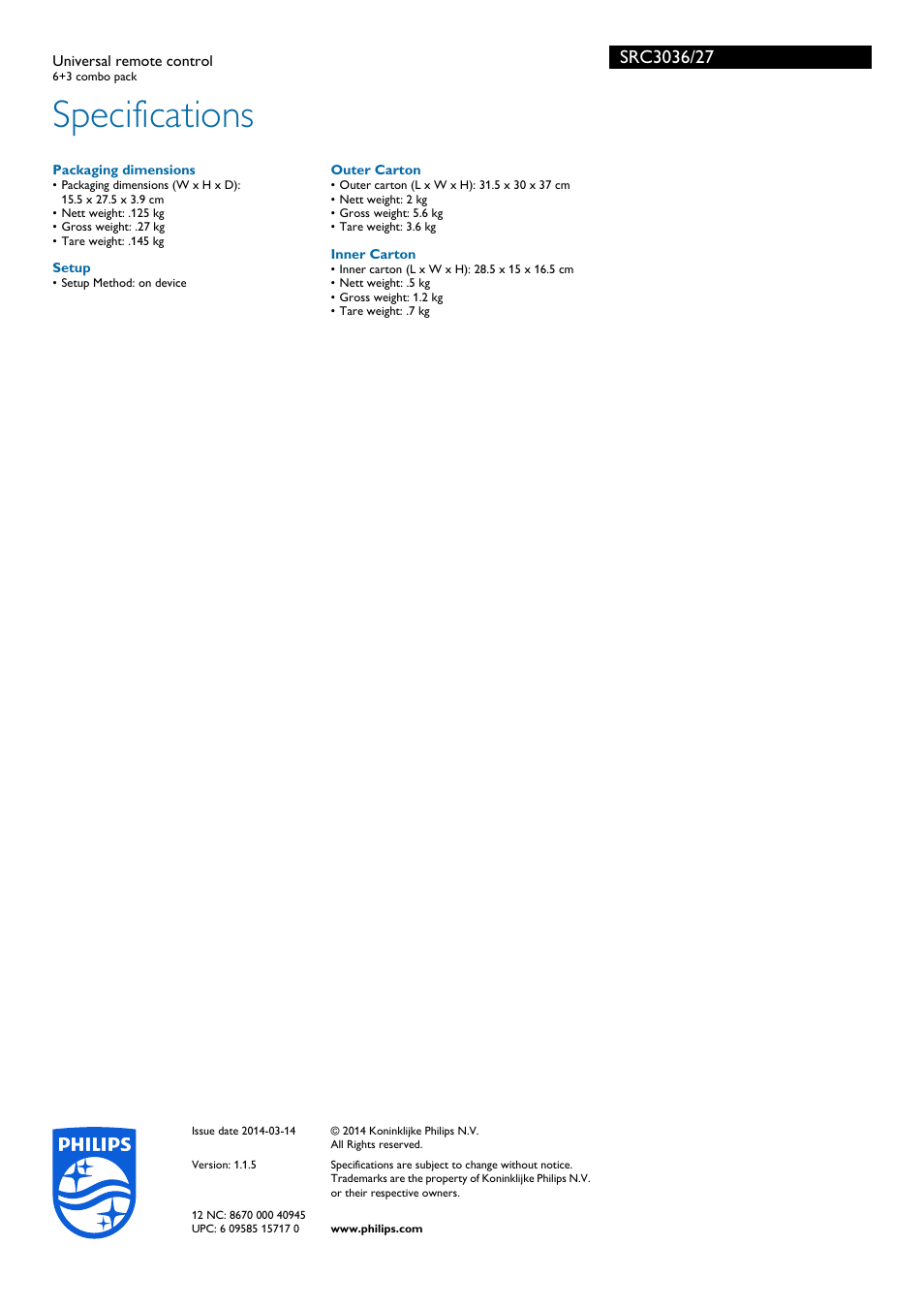 Specifications | Philips SRC3036-27 User Manual | Page 2 / 2