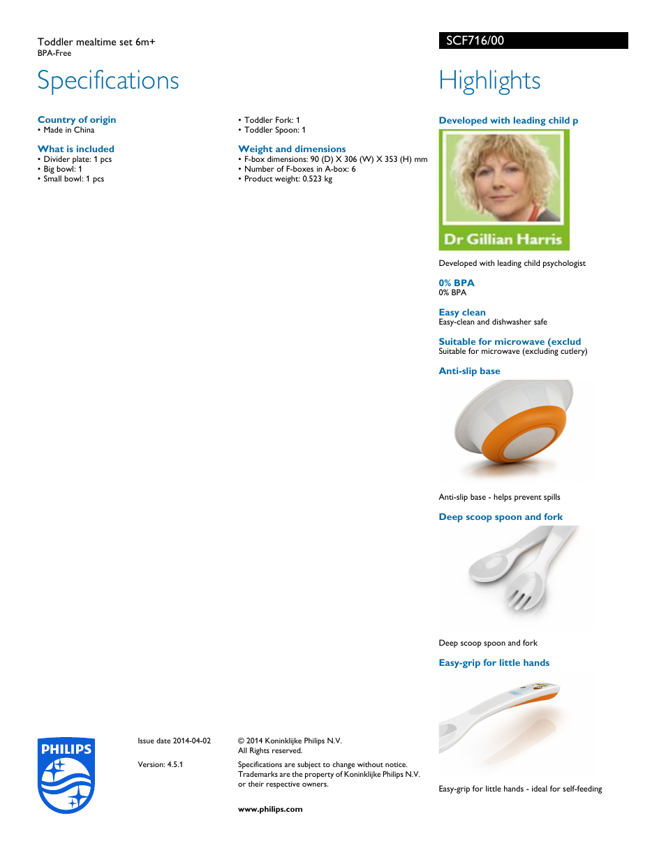 Specifications, Highlights | Philips AVENT Toddler mealtime set 6m+ SCF716-00 BPA-Free User Manual | Page 2 / 2