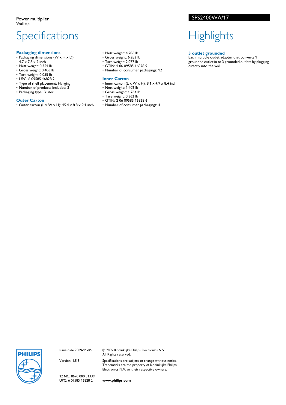 Specifications, Highlights | Philips SPS2400WA-17 User Manual | Page 2 / 2