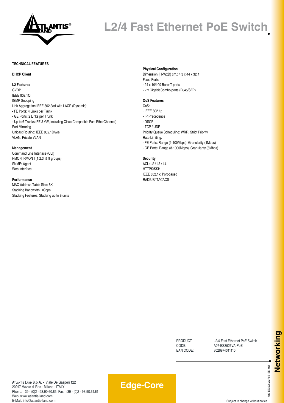 L2/4 fast ethernet poe switch, Edge-core, Networking | Atlantis Land L2/4 Fast Ethernet PoE Switch User Manual | Page 2 / 2