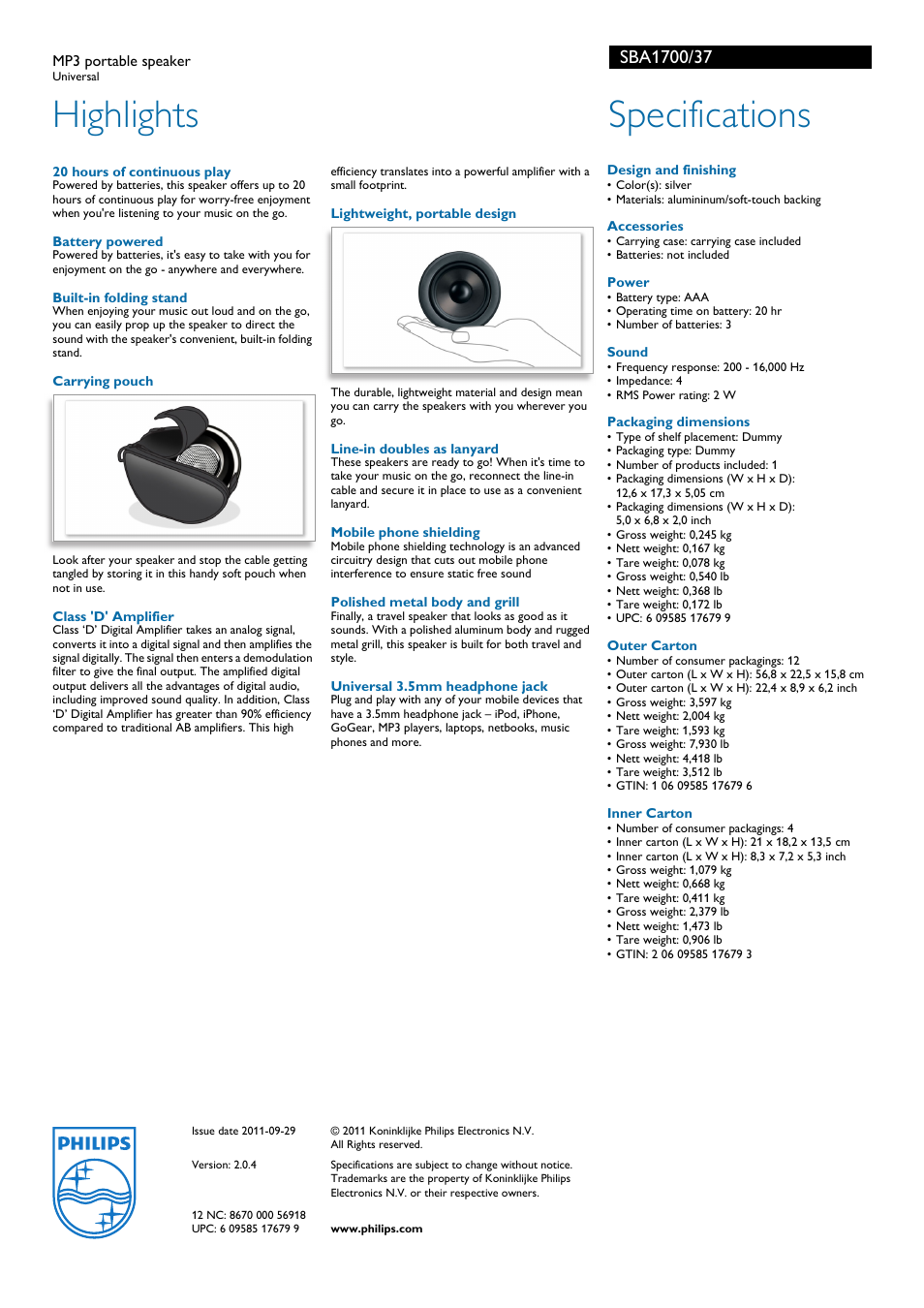 Highlights, Specifications | Philips SBA1700-37 User Manual | Page 2 / 2