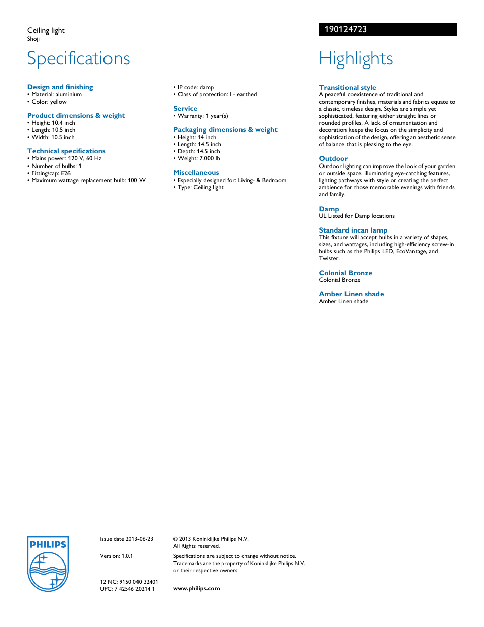 Specifications, Highlights | Philips 190124723 User Manual | Page 2 / 2