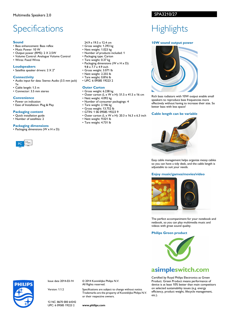 Specifications, Highlights | Philips SPA3210-27 User Manual | Page 2 / 2