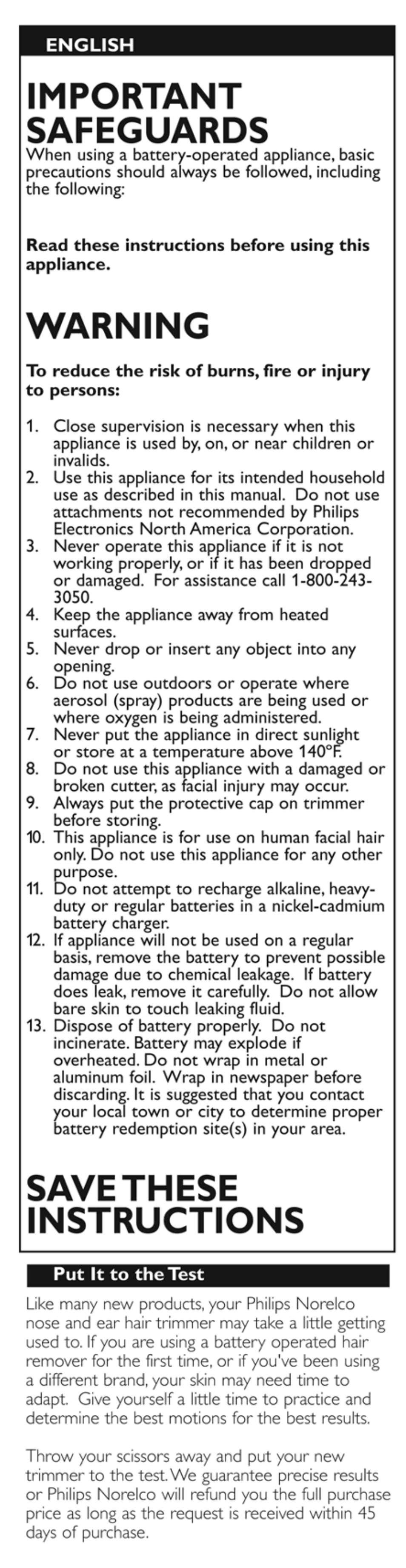 To reduce the risk of burns, fire or injury, Put it to the test, Important safeguards | Warning, Savethese instructions | Philips NT9130-40 User Manual | Page 2 / 8