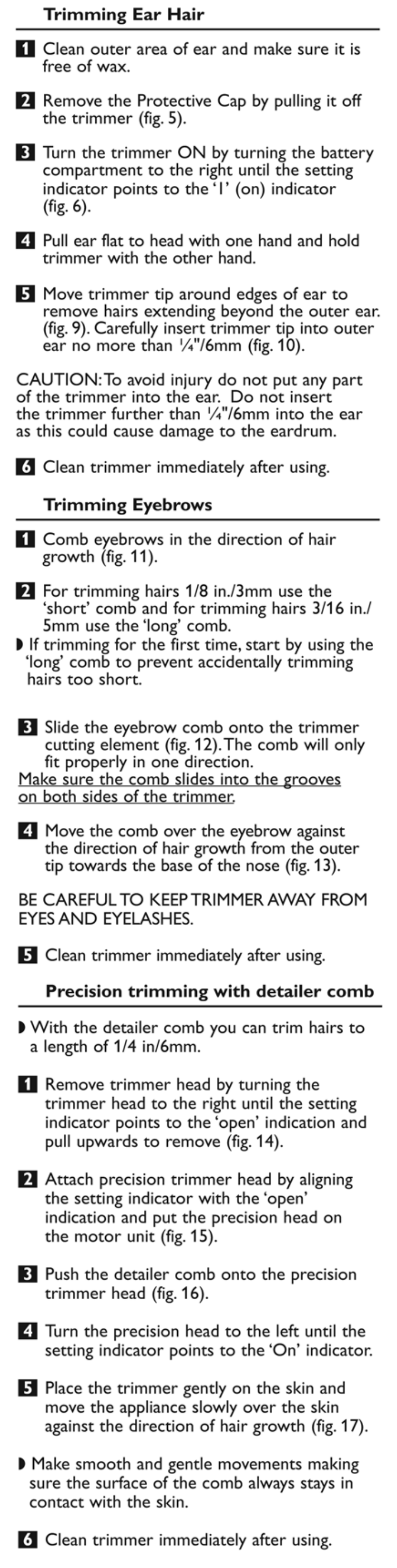 Trimming eyebrows, Precision trimming with detailer comb | Philips NT9130-40 User Manual | Page 6 / 8